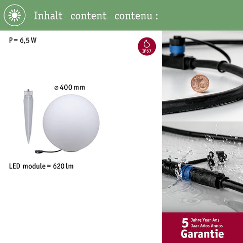 Paulmann 94178 Outdoor Plug & Shine Light Object Globe IP67 3000K 575lm 24V, Integriert, 6.5 W, White