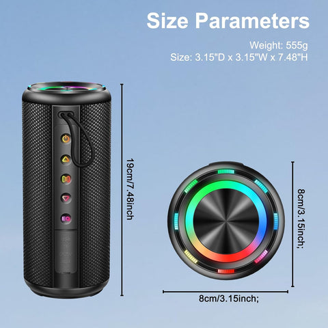 Black portable speaker with size parameters and weight displayed on a blue background