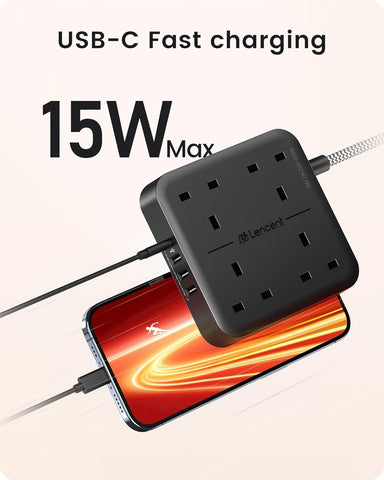 Extension Lead with USB C Port, 4 Way Outlets Power Strip with 1 USB-C and 3 USB Slots, Multi Power Plug Extension with 1.8M Braided Extension Cord for Home Office 3250W- Black