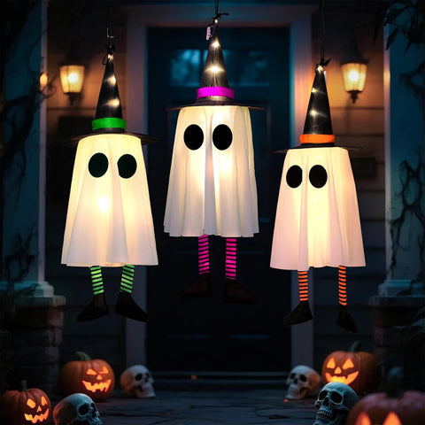 CNMTCCO Halloween Hanging Ghost Decorations 3 Pack – Light Up Witch Hat Ghosts with Multicolour LEDs for Indoor & Outdoor Halloween Party Décor
