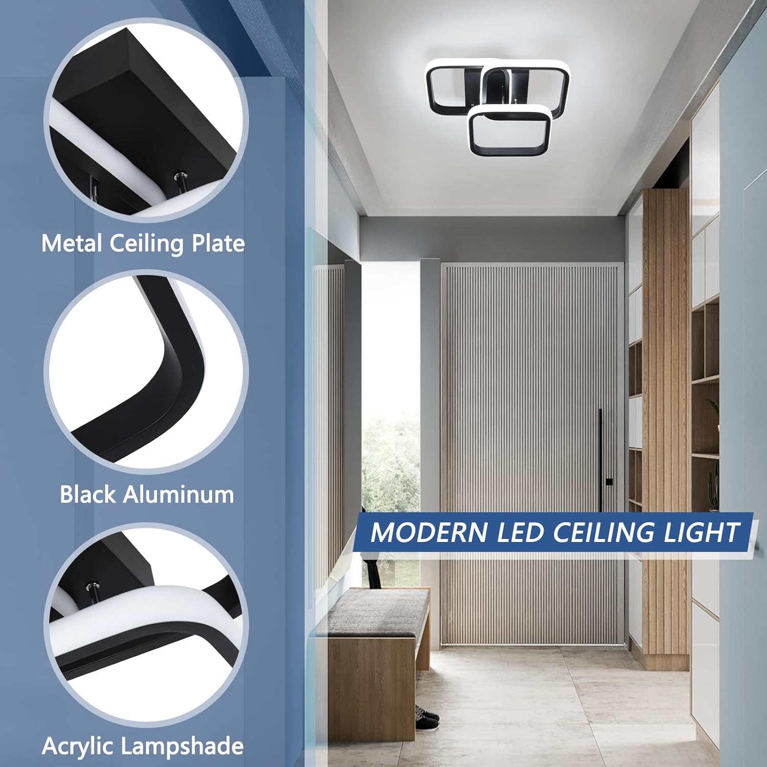 Modern LED ceiling light fixture in a room with detailed components on the left.