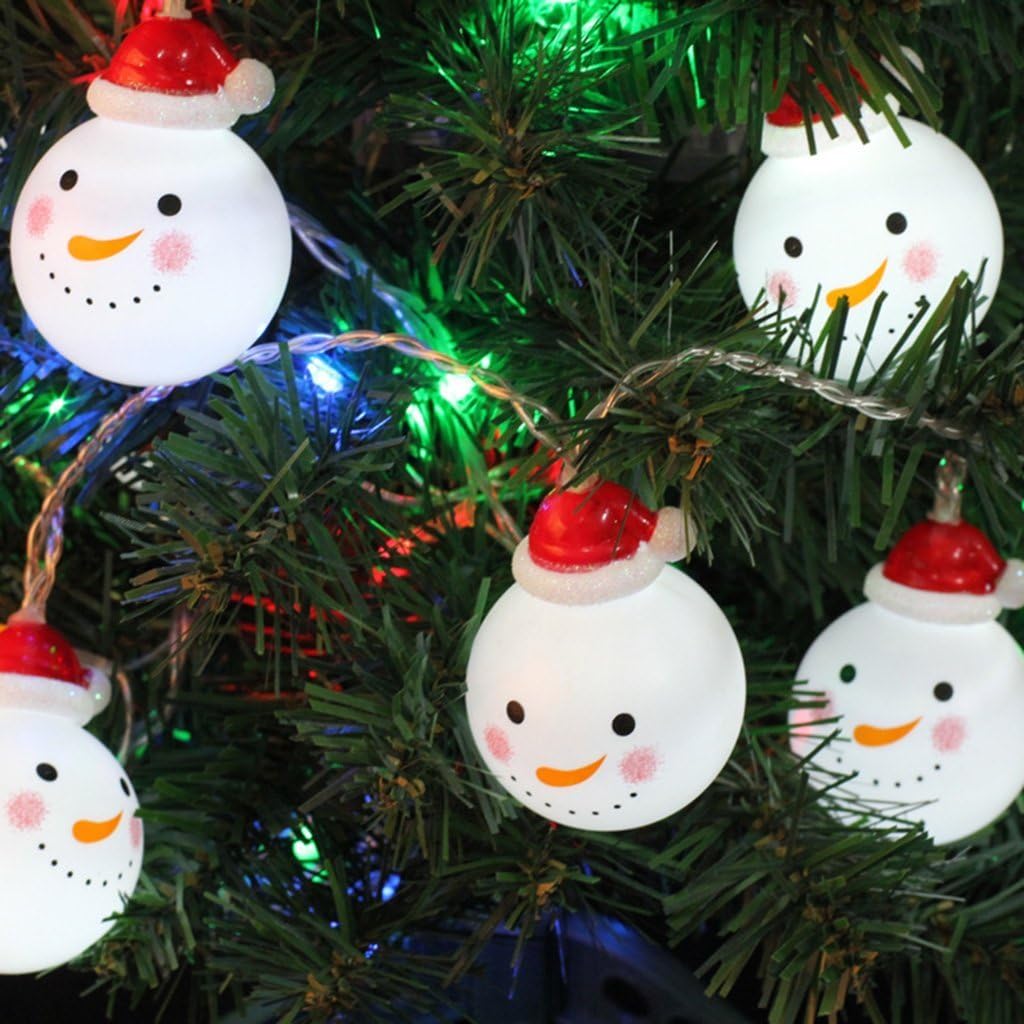 String lights shaped like snowmen on a Christmas tree with colorful lights.