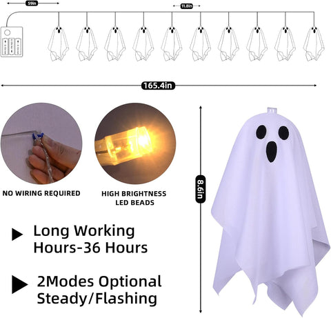 CNMTCCO Halloween Ghost String Lights – 10 LED Fabric Hanging Ghost Lights with 8 Lighting Modes, Warm White Battery Operated Halloween Decorations for Windows, Home & Parties
