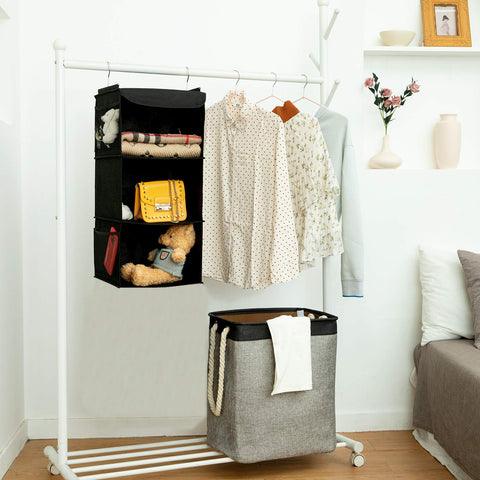 BrilliantJo Hanging Storage with 3 Shelves Wardrobe Closet Organiser, Storage Shelves Unit with 4 Pockets for Clothes Bag Shoes - Grey(30 x 30 x 60cm)