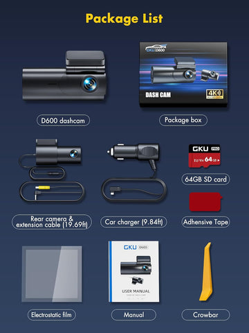 GKU 4K Dual Dash Cam Front and Rear with 5GHz WiFi, 64GB SD Card, 170° Wide Angle, Night Vision, G-Sensor, Parking Monitor, Loop Recording, APP Control, Max 256GB