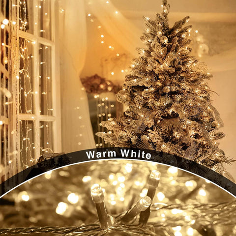ANSIO Christmas Lights 100 LED 10m Warm White Mains Powered Clear Cable – Indoor & Outdoor Fairy String Lights with 8 Light Functions for Christmas, Weddings & Parties
