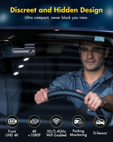 GKU 4K Dual Dash Cam Front and Rear with 5GHz WiFi, 64GB SD Card, 170° Wide Angle, Night Vision, G-Sensor, Parking Monitor, Loop Recording, APP Control, Max 256GB