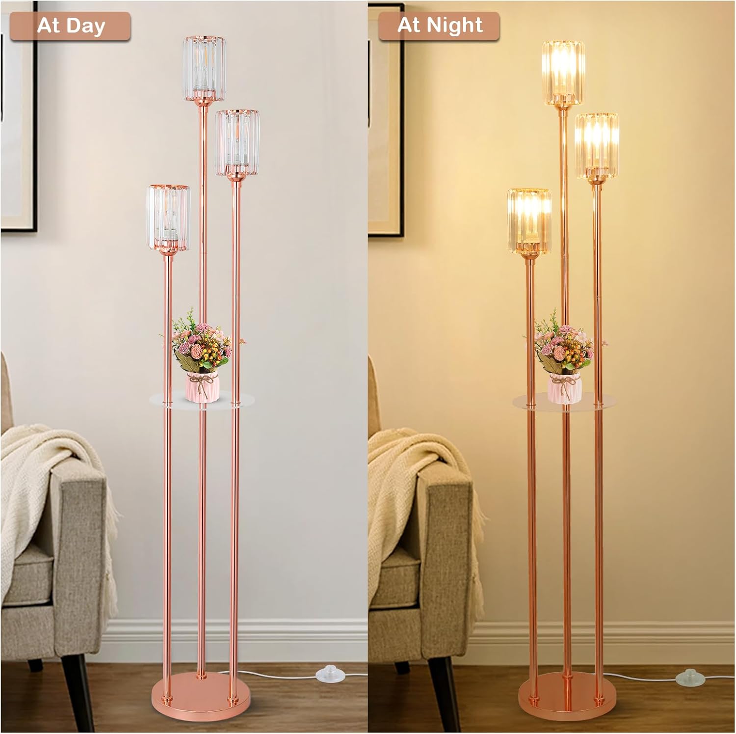 Comparison of a floor lamp at day and night with a neutral background.