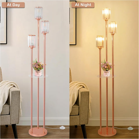 Comparison of a floor lamp at day and night with a neutral background.