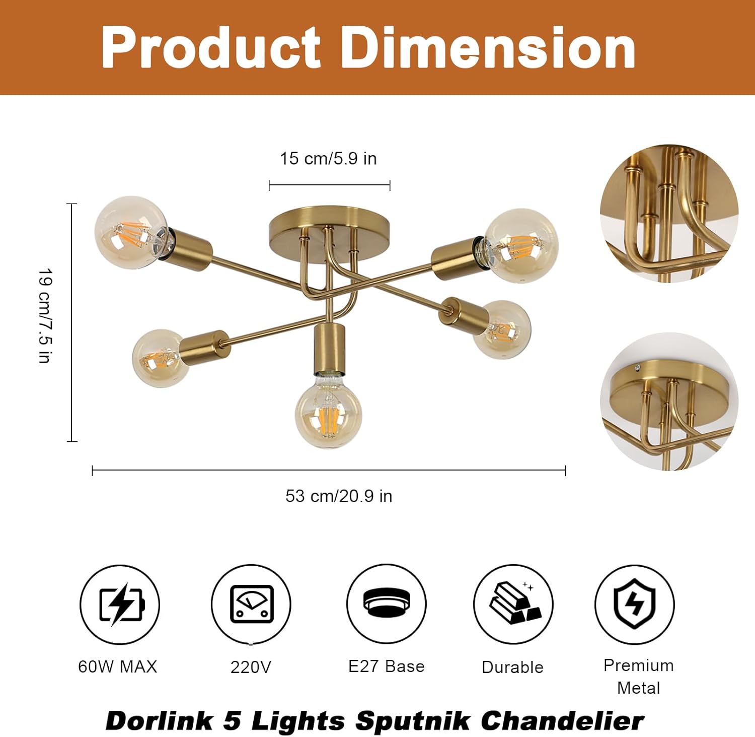 Gold chandelier with dimensions and features on a white background