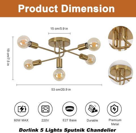 Gold chandelier with dimensions and features on a white background