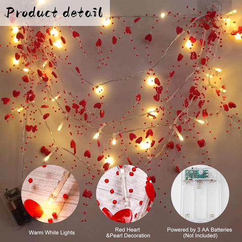 Valentine Heart Fairy String Lights 10ft with Red LED Glow – Battery Powered Romantic Decor