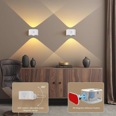 Motion Sensor Light with Rechargeable Battery Touch Control 3 Brightness Levels Wall Sconces 360° Free Rotation Mordern Dimmable for Living Room Bedrooms White