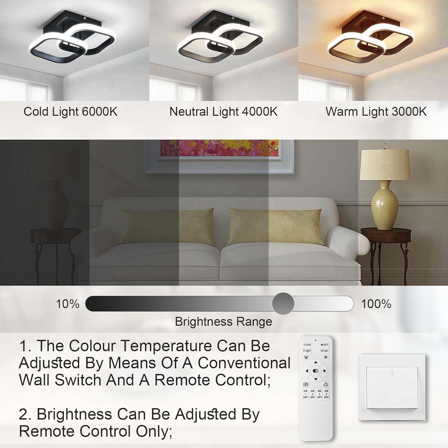 Light fixture with color temperature and brightness controls in a living room setting.