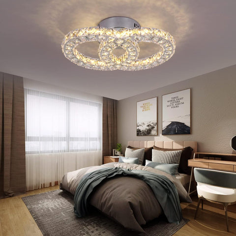 Crystal Chandelier Light Fixture LED Ceiling Lamp 2-Rings Flush Mount