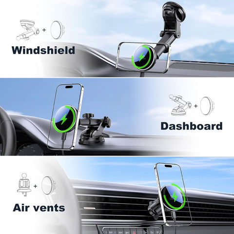 MOKPR 15W MagSafe Car Mount Charger – Black Wireless Dashboard & Vent Holder