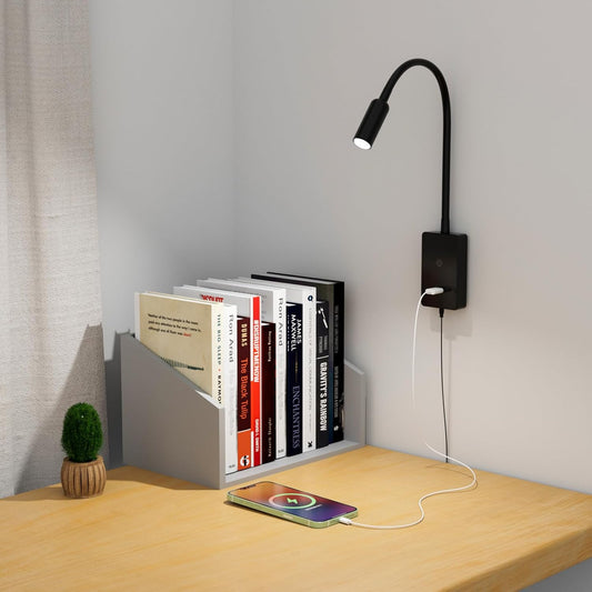 LED Wall Mounted Reading Lamp for Bedroom, Touch Dimmable Black Bedside Spot Light with Flexible Gooseneck, 4 Brightness Levels, Neutral White Lighting, 5V2A USB Output Port