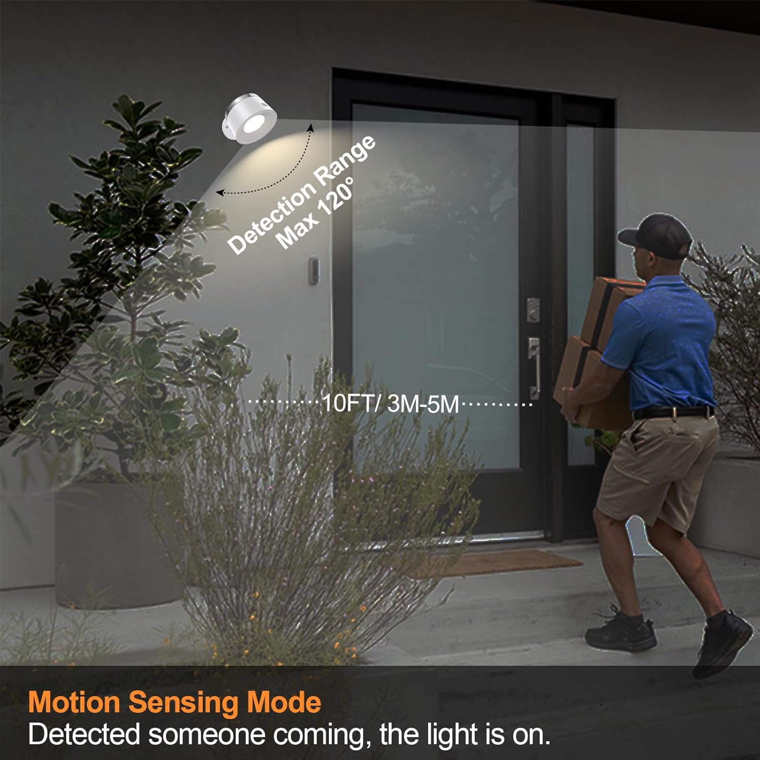 Outdoor light fixture with motion sensing mode feature, showing a person approaching a door.