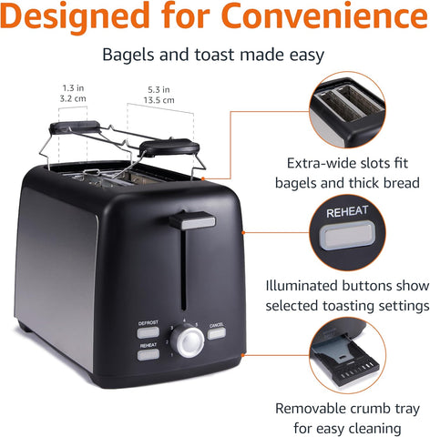 Amazon Basics 2 Slice Toaster 800W Black with 7 Shade Settings