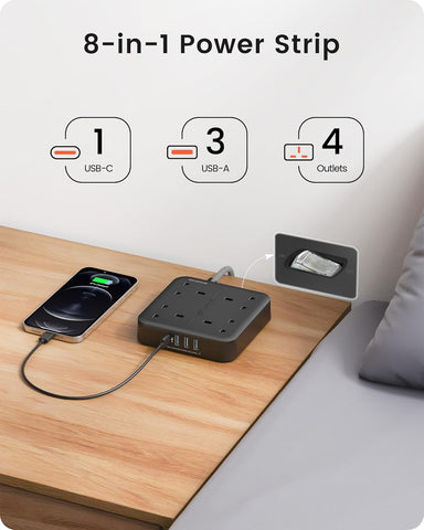 Extension Lead with USB C Port, 4 Way Outlets Power Strip with 1 USB-C and 3 USB Slots, Multi Power Plug Extension with 1.8M Braided Extension Cord for Home Office 3250W- Black
