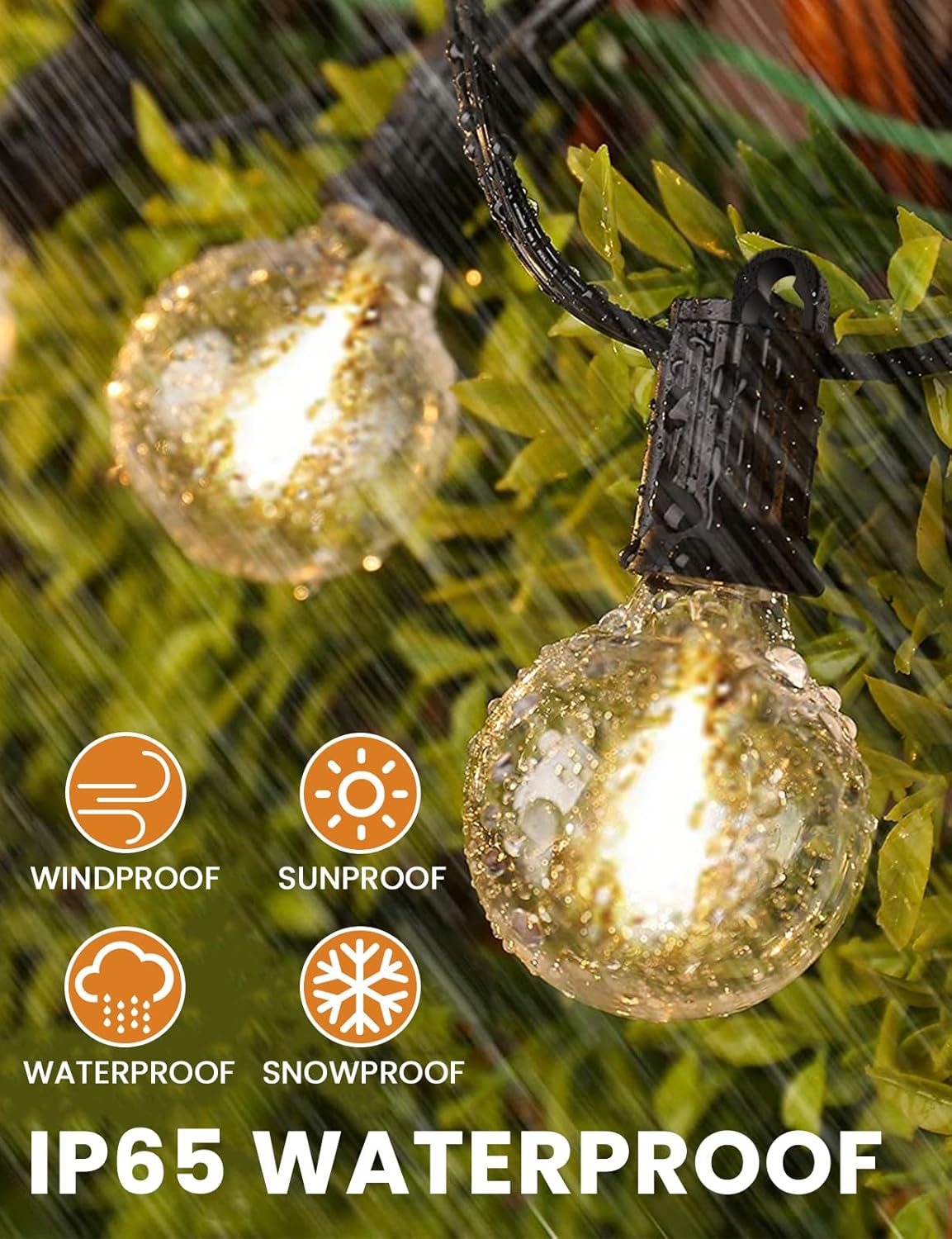 String lights with waterproof label on a green leafy background