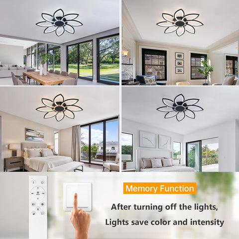 Ceiling light fixture in various rooms with a remote control and text about memory function.