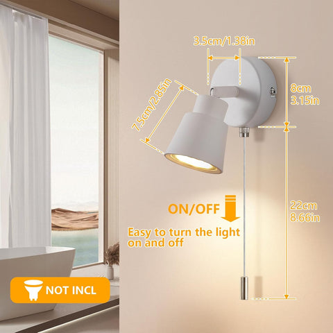 White Wall Lights with Pull Cord Switch GU10 - Modern Pull Cord Light Switch 350° Rotatable - 50W Indoor Wall Sconce Lights for Bedroom Bedside Living Room Kitchen Desk