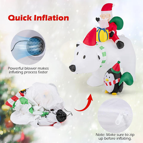 210CM Inflatable Christmas Polar Bear with Santa & Penguin – White