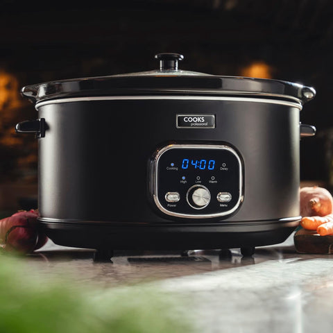 Cooks Professional 6.5L Digital Slow Cooker with Glass Lid, Cool Touch Handles, 2 Heat Settings, Keep Warm & Delay Timer – Black