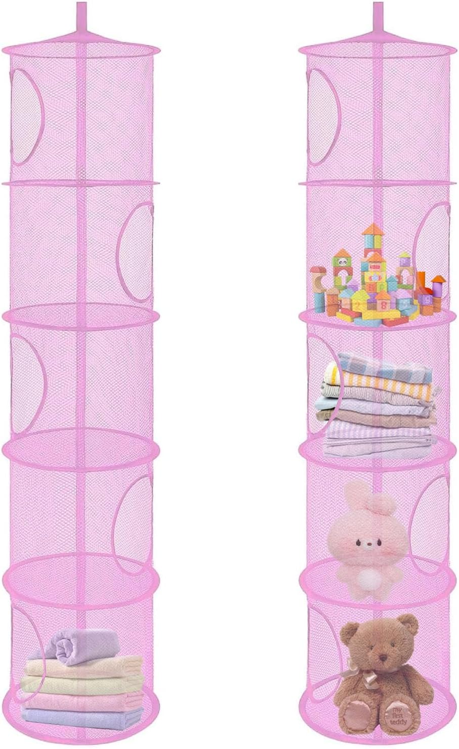 Hanging Mesh Storage Basket, 2 Pack, 5-Tier Foldable Toy Organiser in Pink – Make Room for More Play