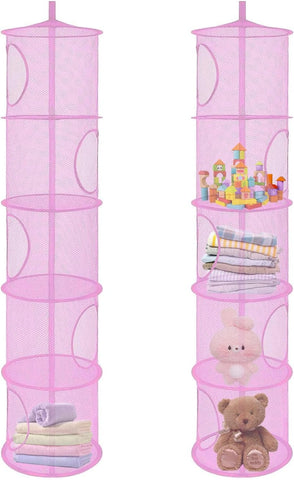 Hanging Mesh Storage Basket, 2 Pack, 5-Tier Foldable Toy Organiser in Pink – Make Room for More Play