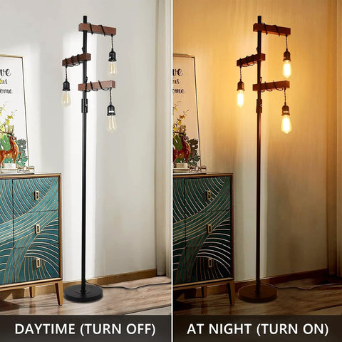 Industrial Dimmable Floor Lamp, 3-Light Wooden Standing Lamp, Vintage Tree Tall Light with E27 Sockets, Rustic Black & Brown Metal