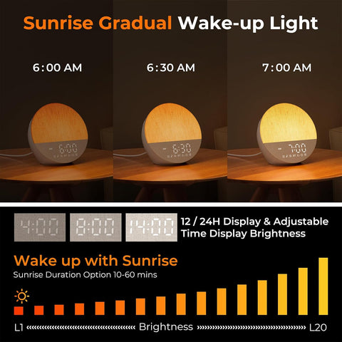 Famgoods Sunrise Alarm Clock Wake-Up Light – Bluetooth 5.3, Dual Alarms, 18 Lighting Modes & Natural Sounds – Make Waking Up Feel Less Like a Chore