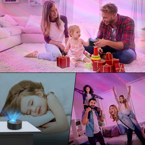 iBELL Galaxy Projector illuminating a meditation space with calming lights.

