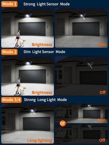 Comparison of light sensor modes in a garage setting with a person and dog.