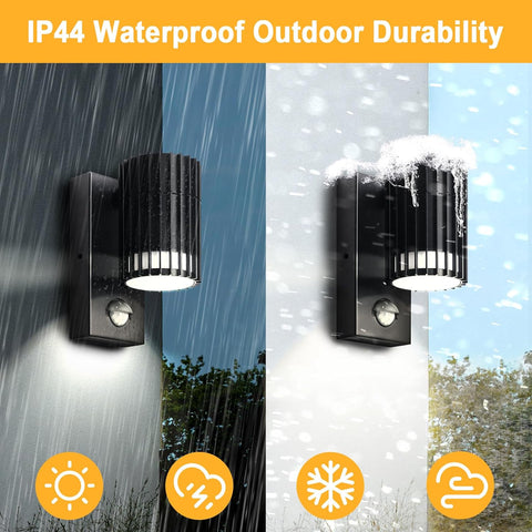 Outdoor wall light fixture with rain, snow, and sun icons indicating durability.