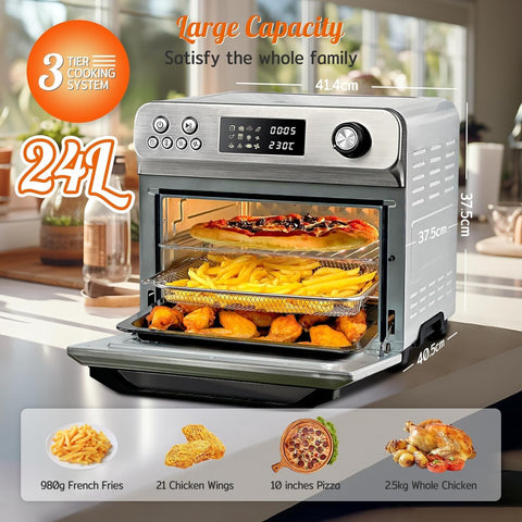 24L Air Fryer Oven with Rotisserie – 1800W XXL Digital Convection Toaster Oven, 10-in-1 Airfryer with Accessories, Stainless Steel