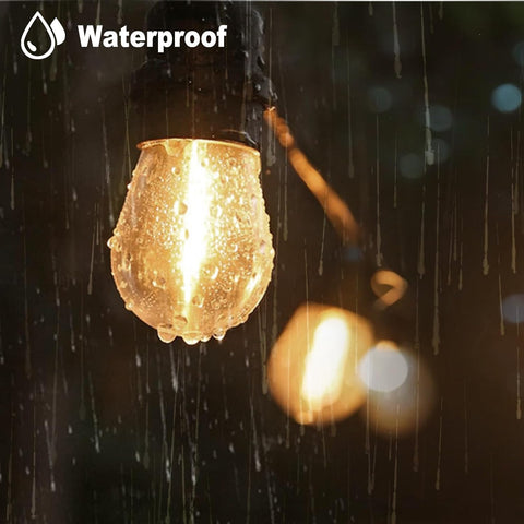 Patio lit up with commercial-grade waterproof string lights

