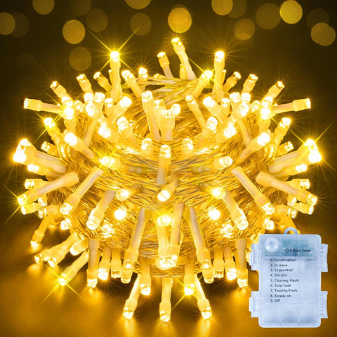 Ollny Fairy Lights Battery Operated, 10m 100 LED Warm White String Lights – Waterproof Indoor & Outdoor Christmas Lights with 8 Modes & 6-Hour Timer