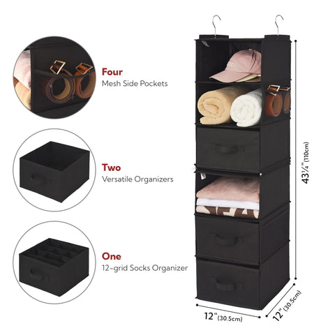 GRANNY SAYS 6-Shelf Hanging Closet Organizers and Storage, Separable to 2 Pack 3-Shelf Closet Hanging Organizer with 3 Drawers, 4 Side Pockets Hanging Shelves for Closet, Nursery, Black