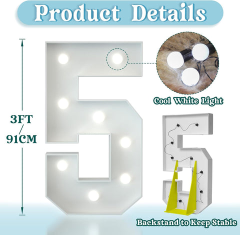 3FT Light Up Numbers Birthday Decoration Large Marquee Numbers 5 for 15th 50th Birthday Party Decor Wedding, Big Number Frame Foam Cardboard Mosaic Arch Stand Pre-cut Numbers
