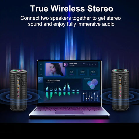 Two wireless speakers with a laptop displaying audio equalizer software on a dark background.