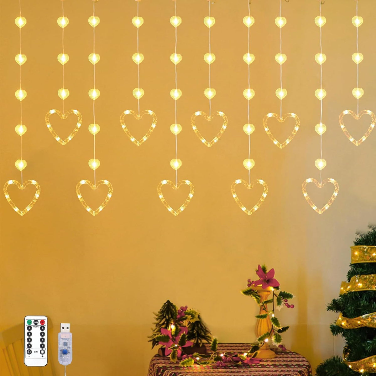 Heart Curtain Lights 9.8ft, USB Plug-In LED Heart String Lights with Remote & Timer, Warm White Valentine’s Day Window Lights for Bedroom & Room Decor