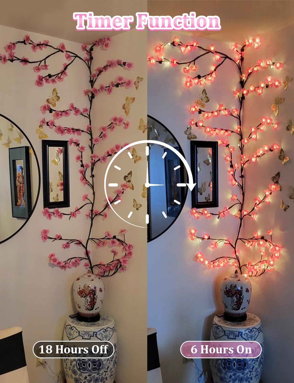 Decorative branch with pink lights on a white wall, showing timer function.