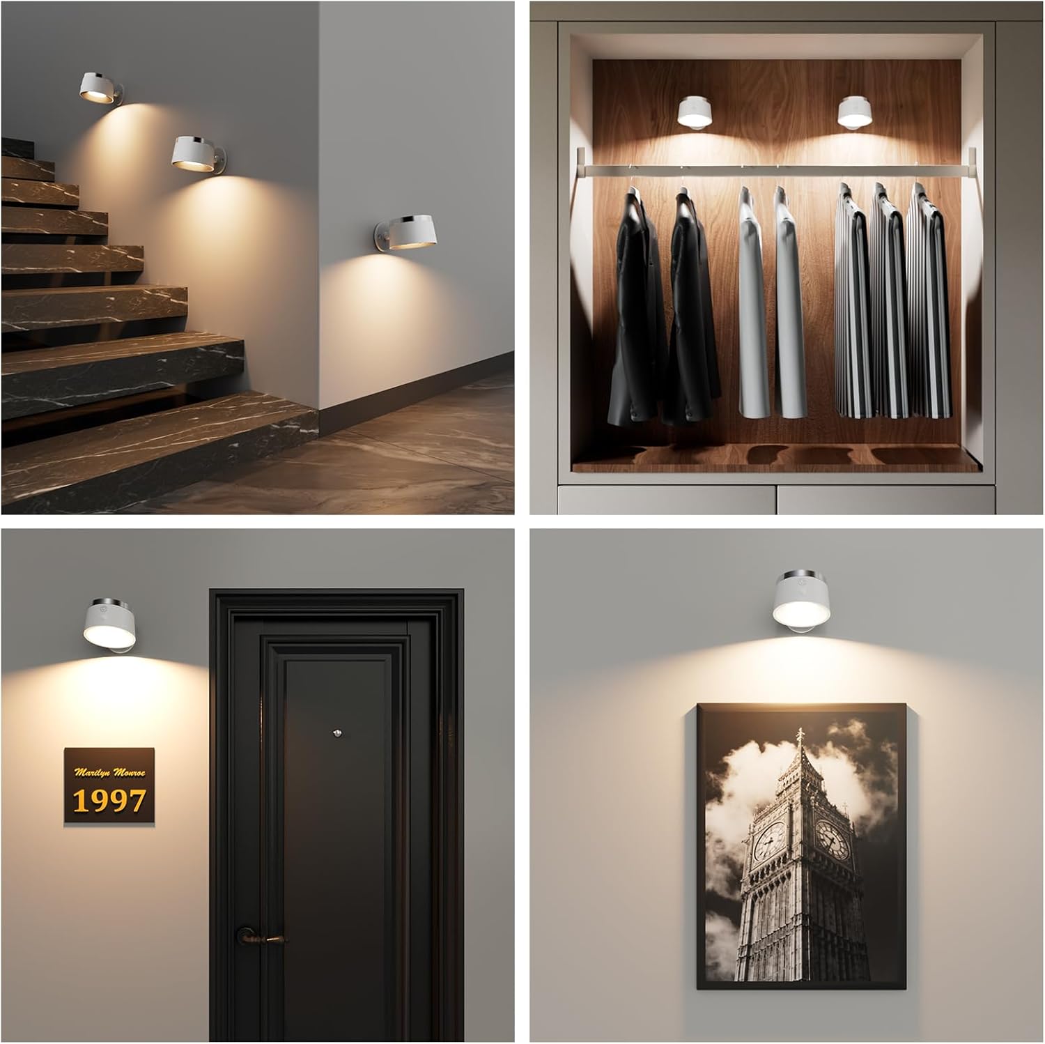 Collage of interior design elements including wall lights, a coat rack, a door with a plaque, and a framed picture.