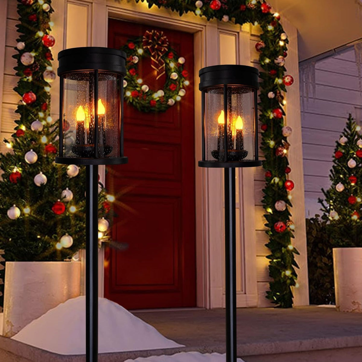 Outdoor Garden Solar Stake Lights Flickering Candle Lighting for Yard, Lawn, Patio, Pathway, Wall Decoration (2Pack, Black)