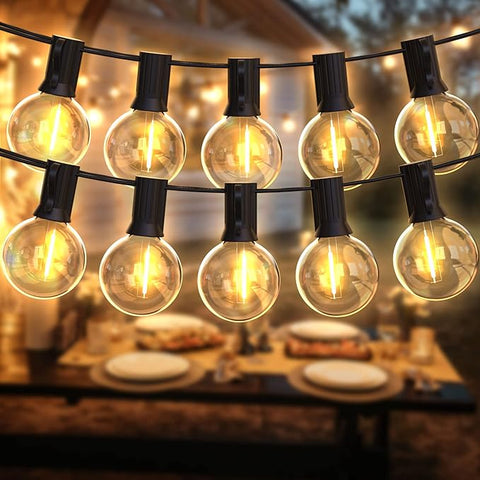 Mains-powered UK plug festoon lights close-up


