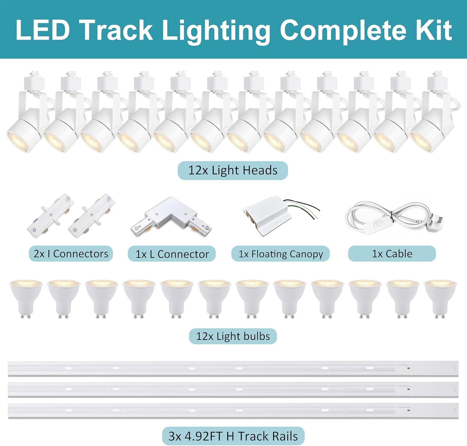 LED track lighting complete kit with light heads, connectors, cables, and light bulbs on a white background.