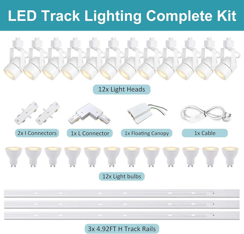 LED track lighting complete kit with light heads, connectors, cables, and light bulbs on a white background.