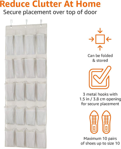 Basics Over Door Shoe Organiser, 20-Pocket Hanging Shoe Storage Rack, Grayish Tan Breathable Mesh with 3 Metal Hooks, Space-Saving Door Storage for Home